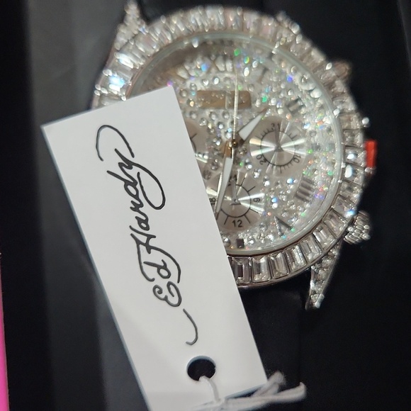 ❎️‼️ 1 Left ‼️❎️ Ed Hardy women Rhinestone black watch Cosmetic pouch Attached - Picture 6 of 9